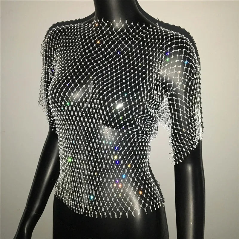 Sexy New Mesh Rhinestone Long Sleeve T Shirt Women Hollow See-through Fishnet Tops Summer Casual Shirt Party Club Women Clothing