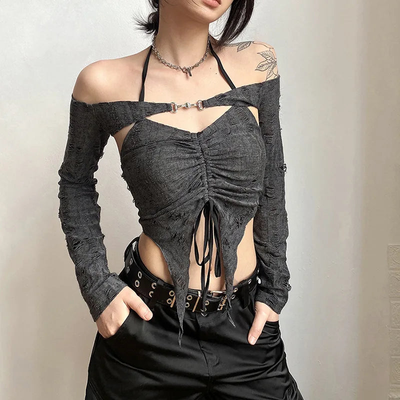 2025 Summer Sexy Drawstring Women T-shirts 2 Piece Set Y2k Distress Camisole Long Sleeve Buckle Tee Tops Hot Girls Clothes