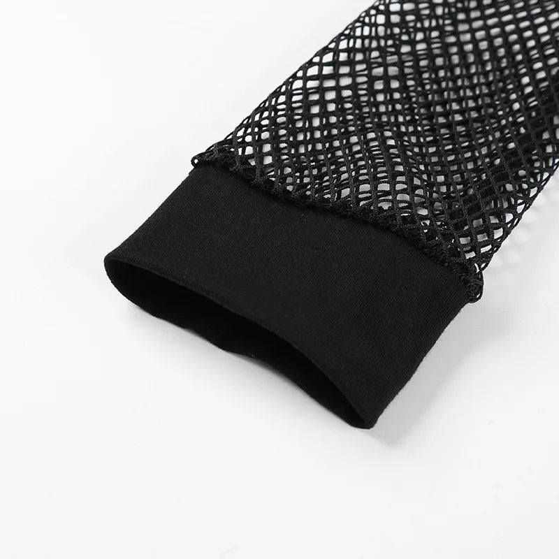 Sexy Black Hollow Out Mesh T-Shirt Female Skinny Crop Top 2024 New Fashion Summer Basic Tops For Women Fishnet Shirt