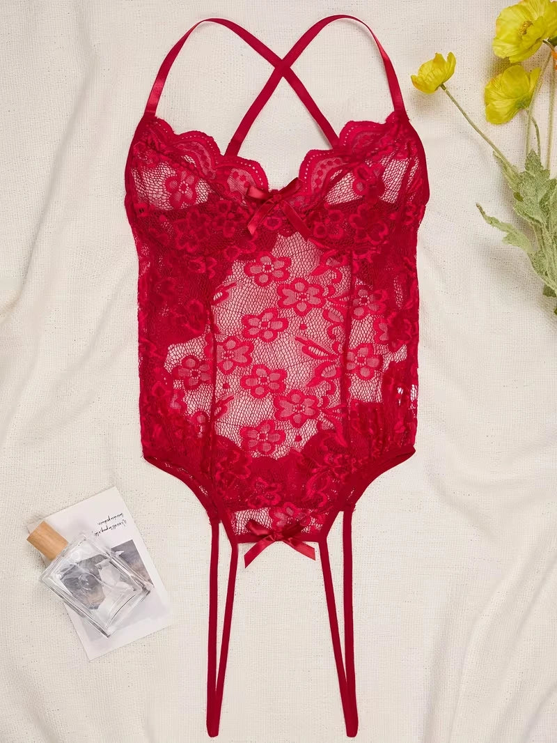 Red Lace Crotchless Bodysuit Lingerie | Erotic Deep V Teddy