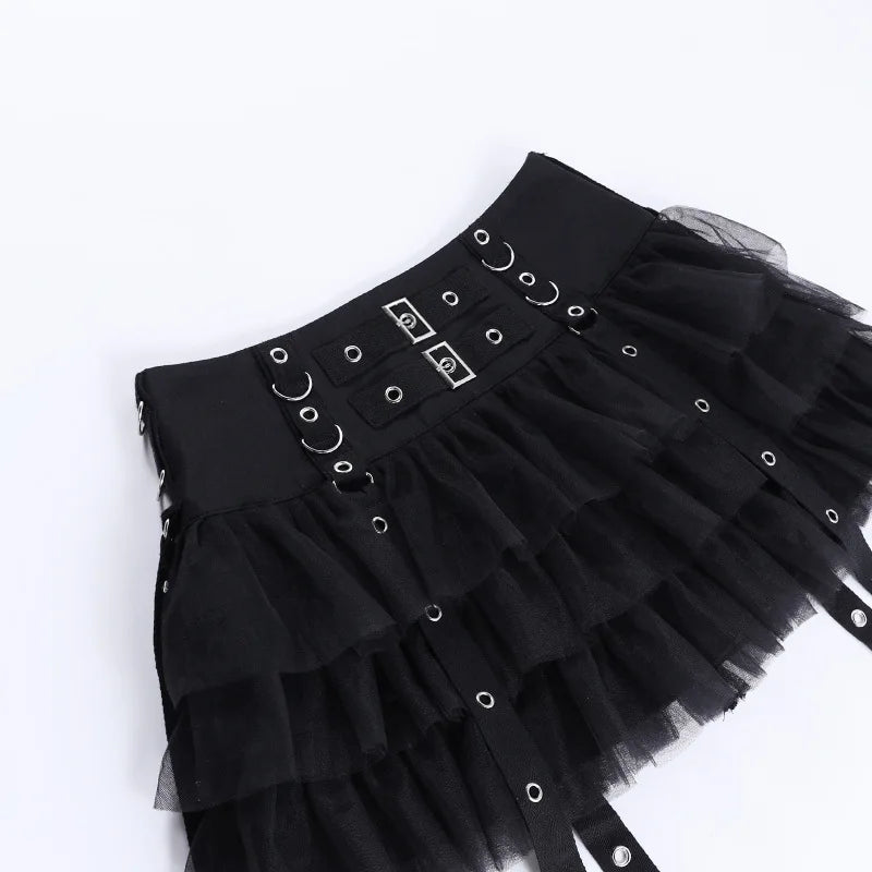 Black Women Punk High Waisted Goth Skirt Sexy Pleated Mini Skirt with Chain E Girl Lace-Up Tie PU Leather Corset Y2K Crop Tops