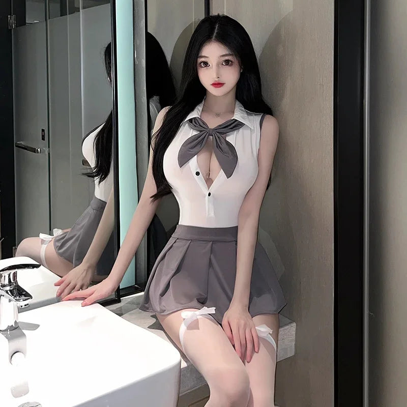 Seductive JK Student Lingerie: Backless Top & Pleated Skirt