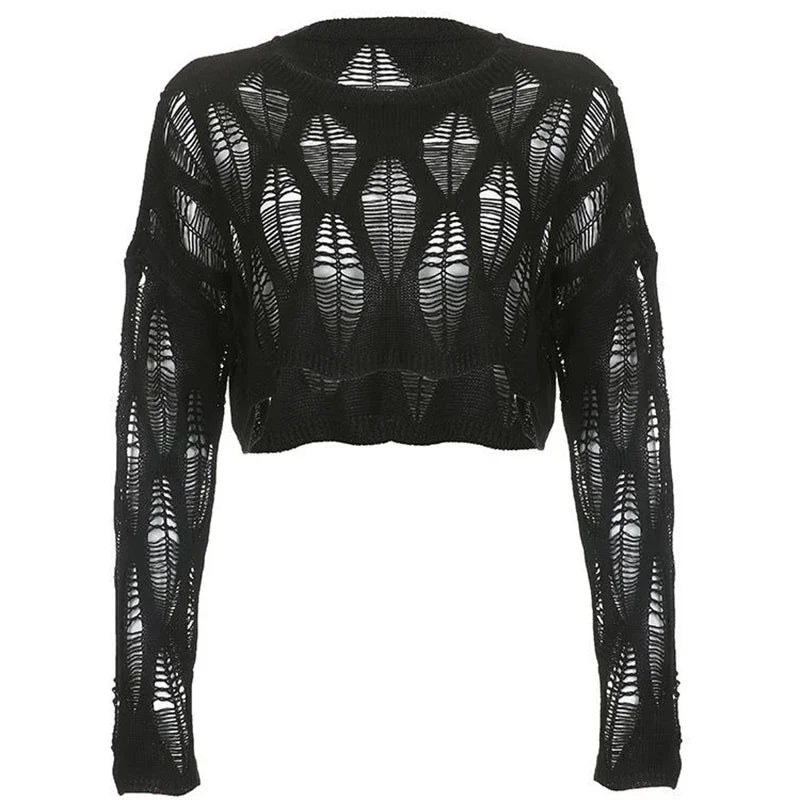 Women Hole Hollow Out Y2K T-shirts Batwing Sleeve Knitted Shirt for Women Punk Loose Streetwear Tops Spring Autumn 2026