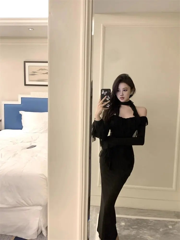 Elegant A-Line V-Neck Long Sleeve Dress - Slimming High Waist