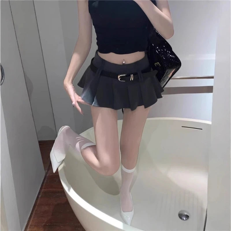 Women's Low Rise Pleated Mini Skirt Sexy A-Line Short Skirt with Belt and Built-In Shorts for Summer