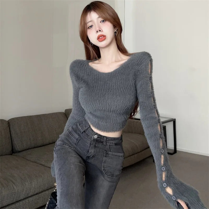 Sexy ort Knitted Sweater Women's Spring Autumn Soft Cozy Design Hole Knitwear Pure Desire Versatile Base Layer ort Top