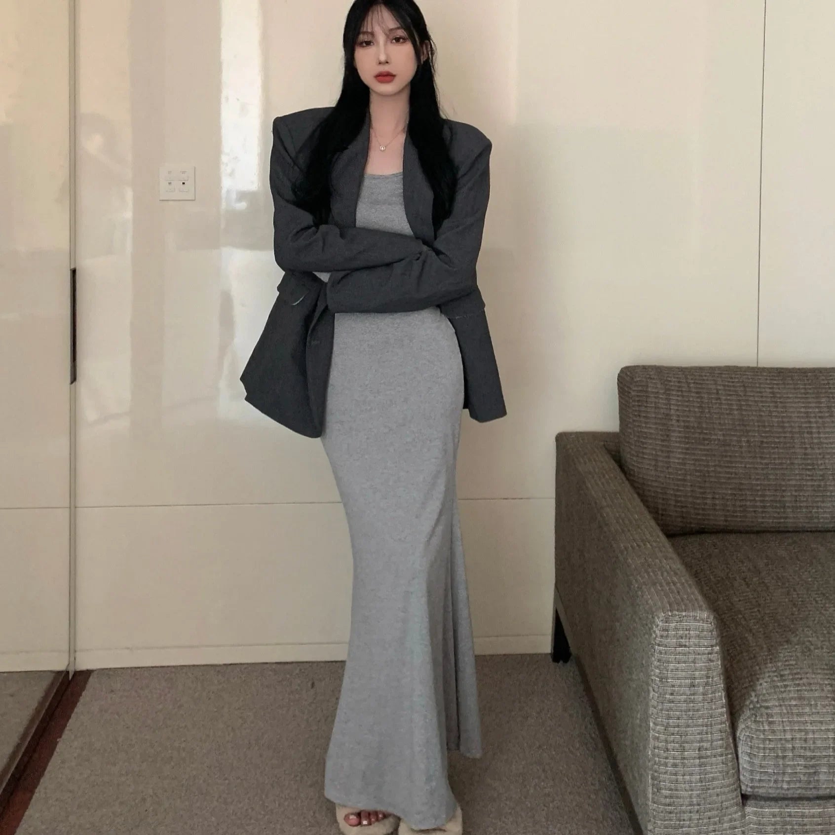 Elegant High-Waisted Fishtail Long Dress - Slimming Autumn Chic