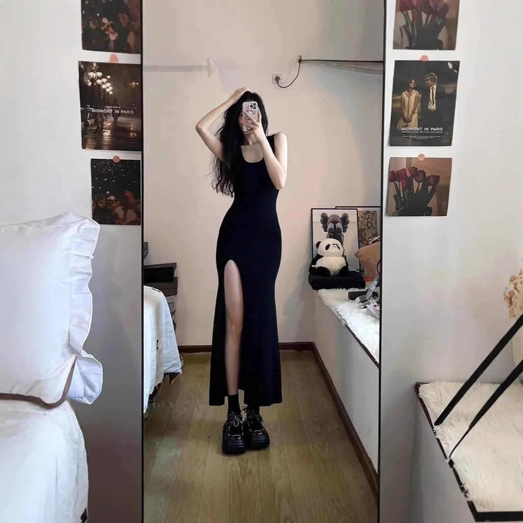 Queen Style Black Split Maxi Dress - Slim Fit Strappy