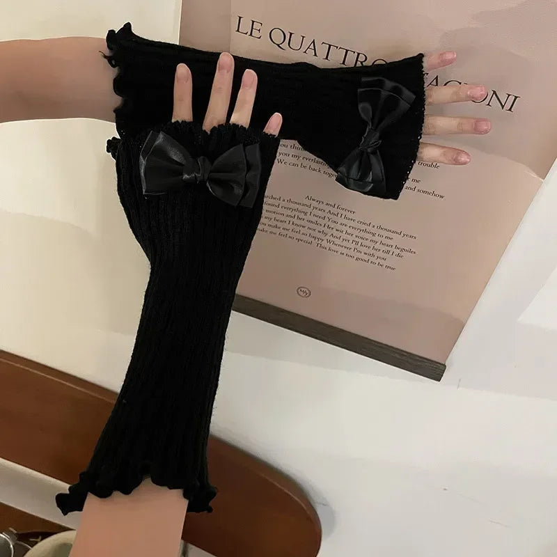 Women Knitted Bow Tie Fingerless Gloves Lolita Arm Sleeve Y2k Pink Girl Gothic Keep Wamrm Long Gloves Kawaii JK Accessories