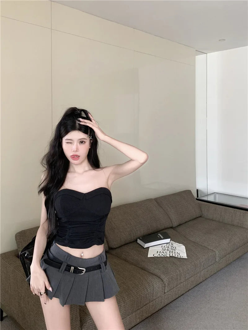 Women's Low Rise Pleated Mini Skirt Sexy A-Line Short Skirt with Belt and Built-In Shorts for Summer