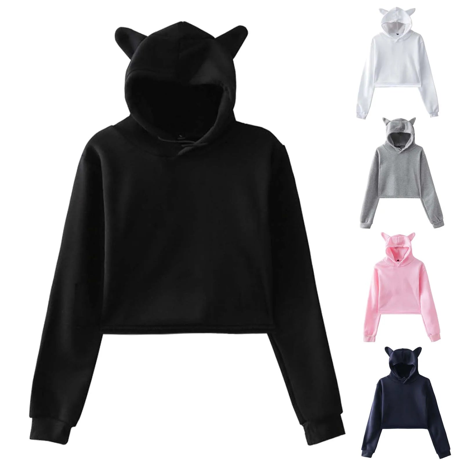 Women Sexy Short Hoodies Long Sleeve Fashionable Solid Color Cat Ear Cute Hooded Sweatshirt Autumn Spring Casual Crop Top Coat