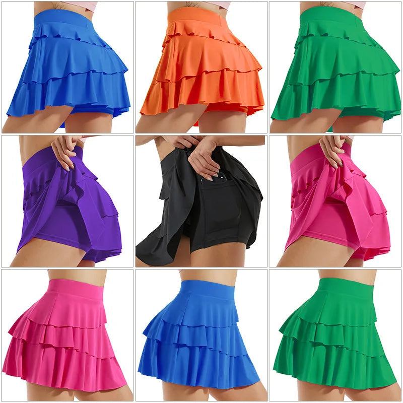 New In Women's Solid Color High Waisted Tennis Pleated Skirts Inner Pocket Quick Drying Sports Short Running Fitness Skirt