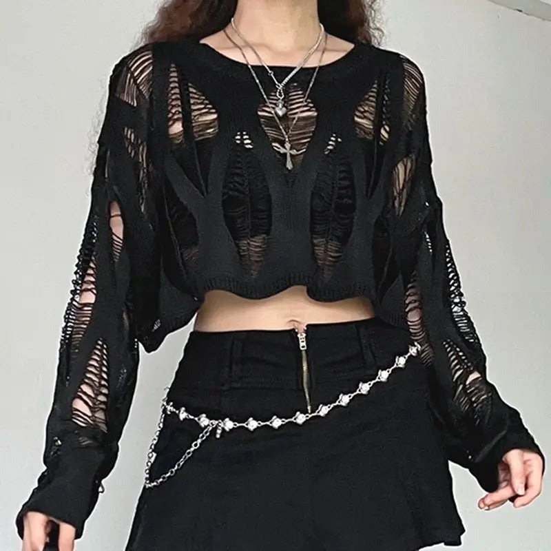 Women Hole Hollow Out Y2K T-shirts Batwing Sleeve Knitted Shirt for Women Punk Loose Streetwear Tops Spring Autumn 2026