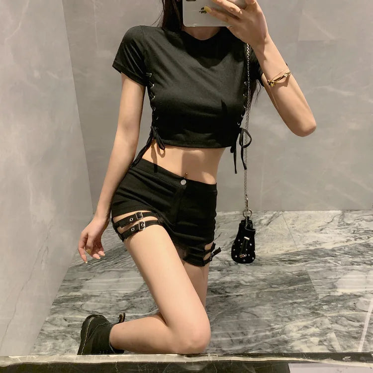High-Waist Elastic Slimming A- Line Short Shorts Women's Belted Summer 2025 Fashion Trendy Polyester Hot Pants Casual Style
