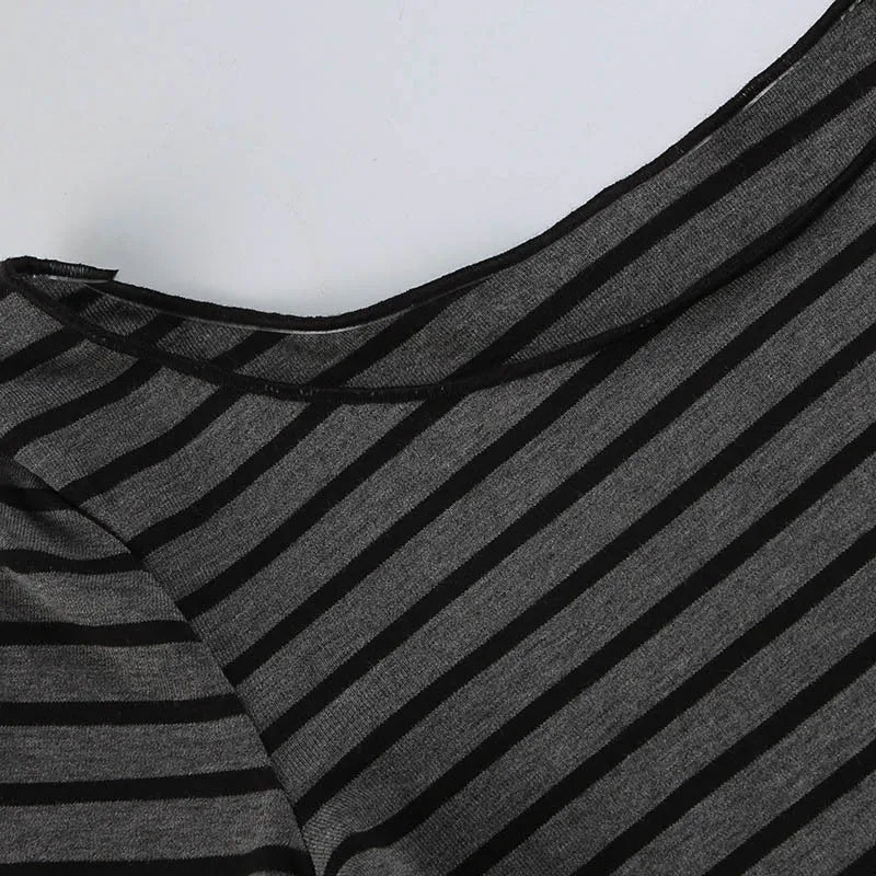 Harajuku Basic Slim Long Sleeve Stripe Tee Off Shoulder O Neck Korean Street Style Spring Autumn Y2K Women's Gray T Shirt