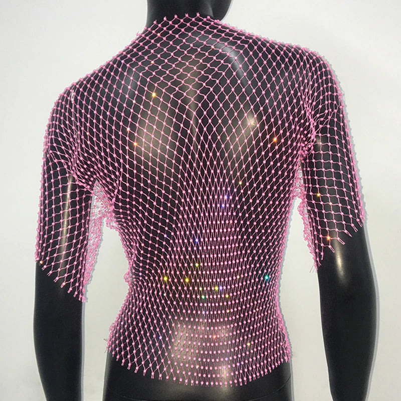 Sexy New Mesh Rhinestone Long Sleeve T Shirt Women Hollow See-through Fishnet Tops Summer Casual Shirt Party Club Women Clothing