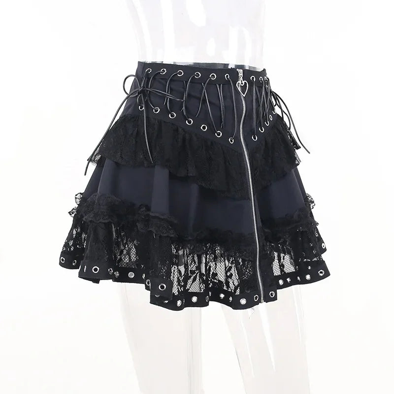 Black Women Punk High Waisted Goth Skirt Sexy Pleated Mini Skirt with Chain E Girl Lace-Up Tie PU Leather Corset Y2K Crop Tops