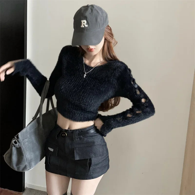 Sexy ort Knitted Sweater Women's Spring Autumn Soft Cozy Design Hole Knitwear Pure Desire Versatile Base Layer ort Top