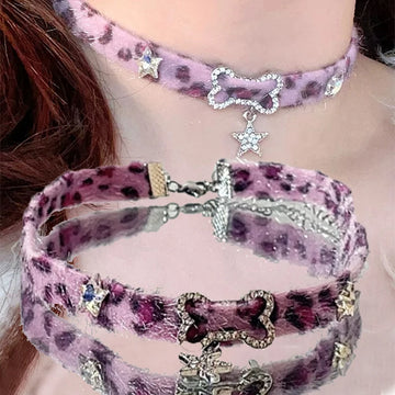 Y2K Plush Leopard Bone Choker Necklace Purple Velvet Goth