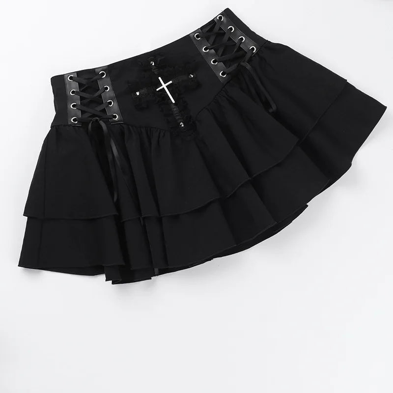 Goth Dark Punk Cross Patchwork Pleated Skirts Mall Gothic Techwear Bottoms Grunge Aesthetic Women Bandage Mini Skirt Alt Clothes