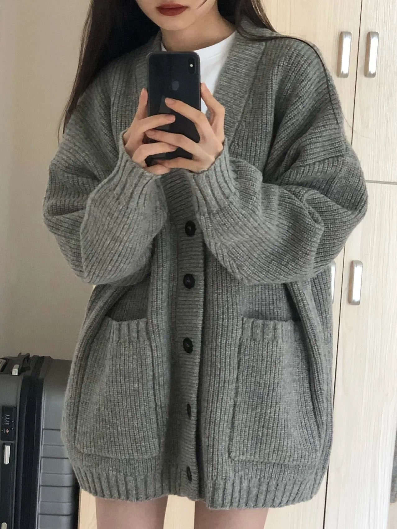 Gray Mid-Length Knitted Sweater Coat Women's Autumn Outerwear Japanese Lazy Vintage Milk System Soft Cozy Open Cardigan