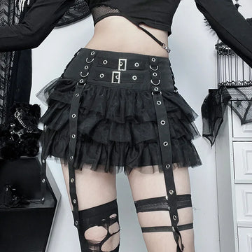 Gothic Plaid Pleated Mini Skirt & PU Corset Top Set
