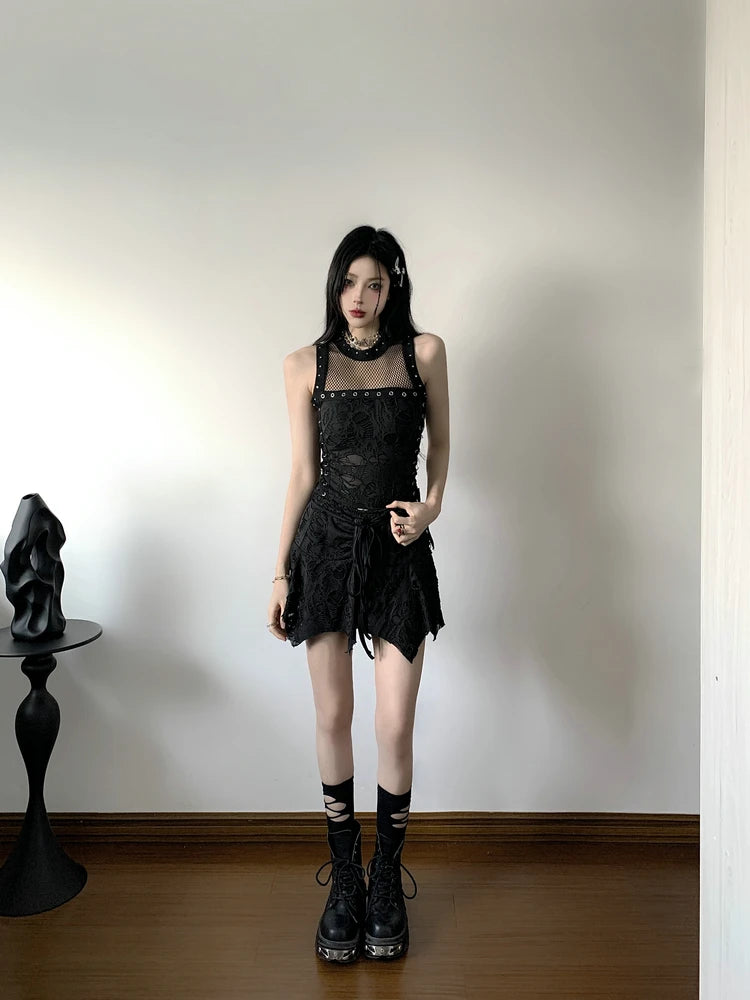 Gothic Y2k 2 Piece Set Hollow Out Lace Spliced Tank Crop Top Women Lace-up Waisted Irregular Mini Skirt 2025 Aesthetic Harajuku