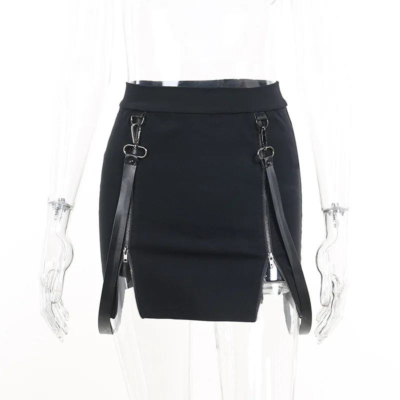 Gothic Zip Split Sexy Women Mini Skirts Grunge Strap Black High Waist Pencil Skirt Punk E-girl Alt Party Clubwear