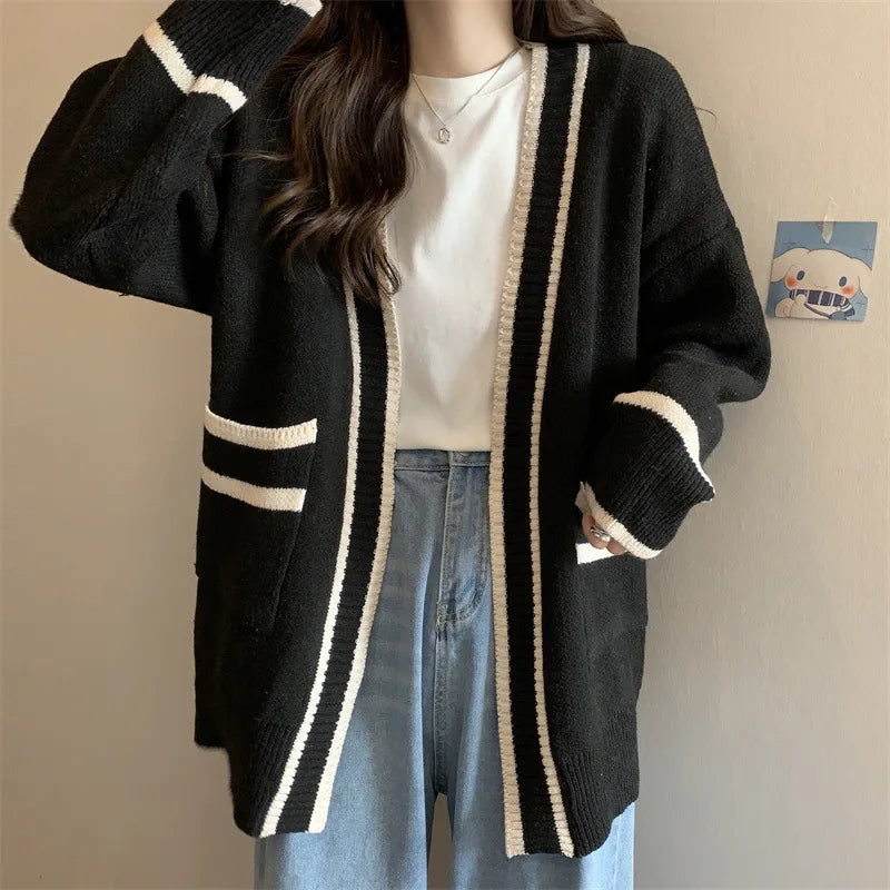 New Korean Women Cardigan Jackets Patchwork Clothing V Neck All Match Sueter Mujer Casual Fashion Knitted Oversized Sweater Tops