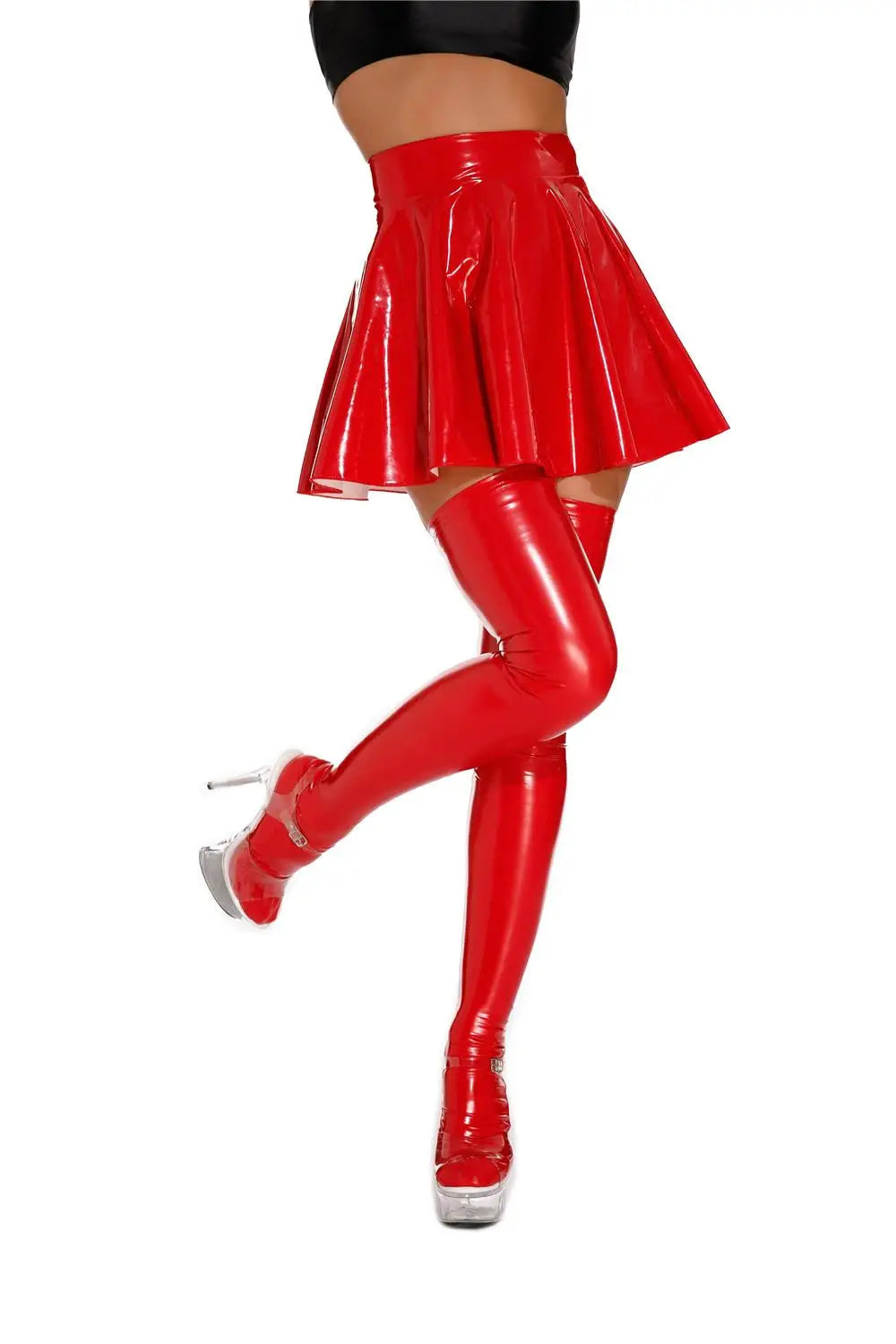 Sexy Women Oil Glossy Shiny Flared Pleated Skirt Wetlook Latex PU Faux Leather Ruffled MINI Skirt Club Stage Wear Dance Wear
