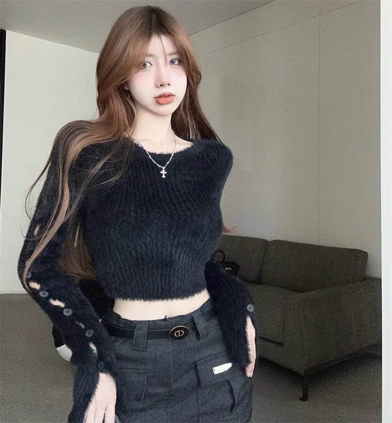 Sexy ort Knitted Sweater Women's Spring Autumn Soft Cozy Design Hole Knitwear Pure Desire Versatile Base Layer ort Top