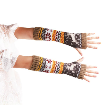Cartoon Christmas Deer Half Finger Knit Gloves | Elbow Length