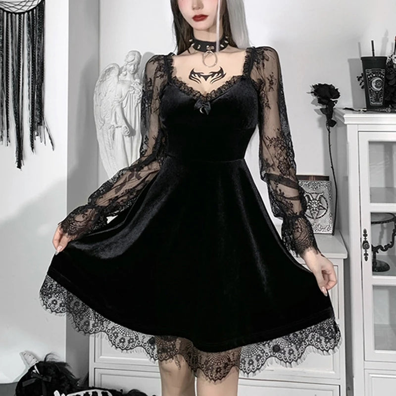 Dark Gothic Lace Mini Dress - Flare Sleeve V-Neck