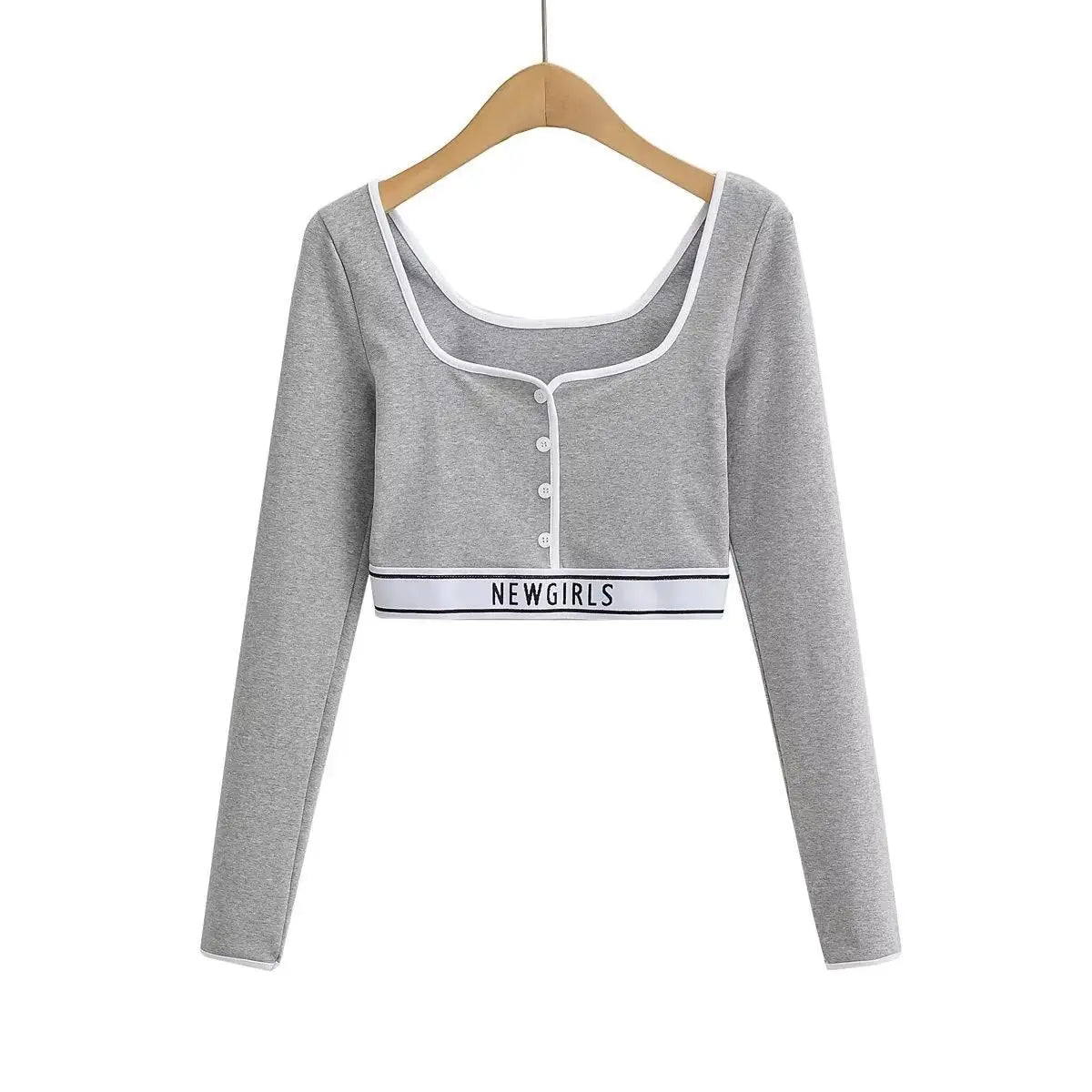 New Style Women's Tight Long-sleeved T-shirt Colour blocking Ultra-short Bottom High Waist Neckline Innerwear Athletic Tops