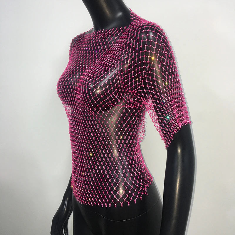 Sexy New Mesh Rhinestone Long Sleeve T Shirt Women Hollow See-through Fishnet Tops Summer Casual Shirt Party Club Women Clothing