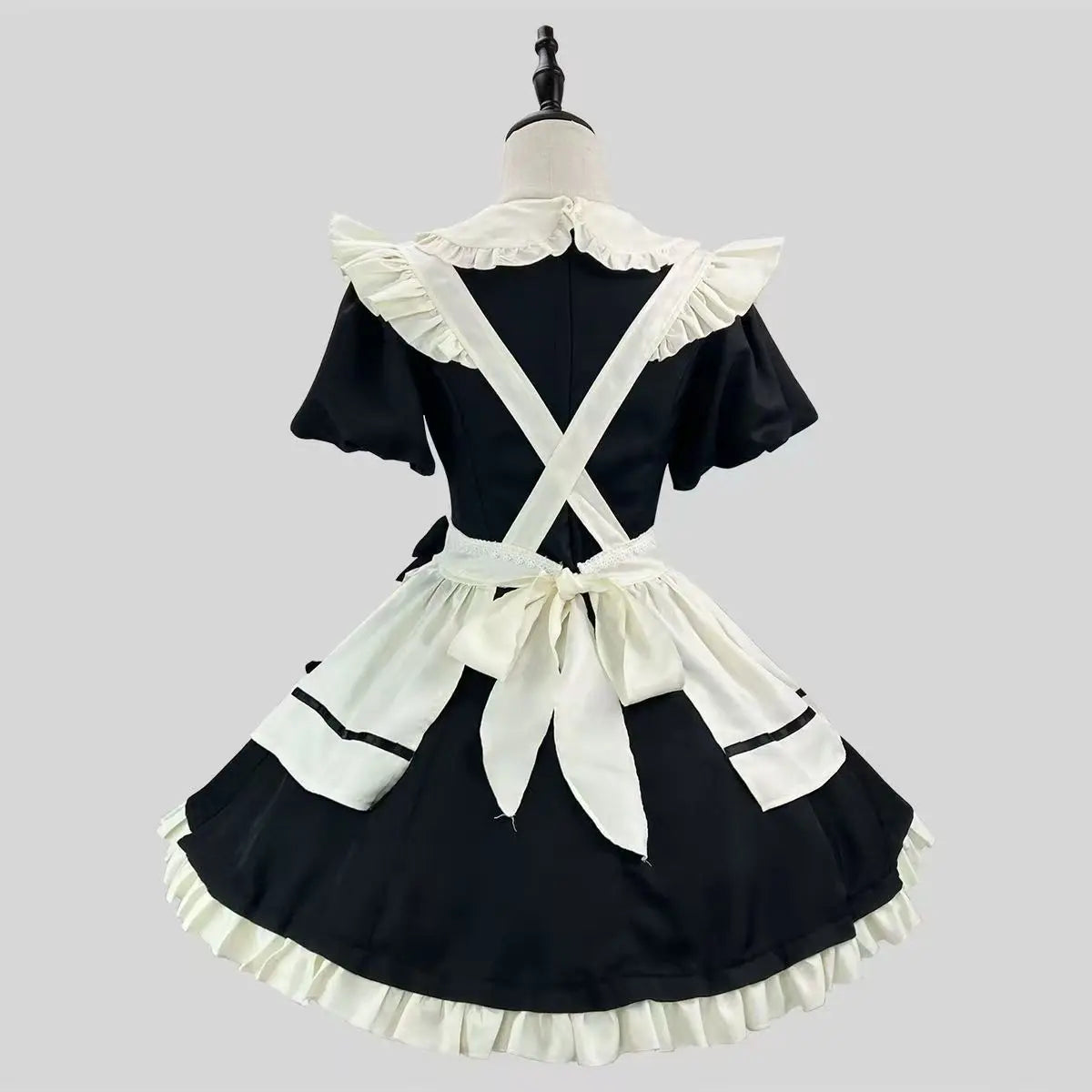 Autumn Japanese Women's Puff Sleeve Doll Collar Dress and Bowknot Apron Vintage Set Cute Lolita Maid Style Sweet Two-piece Set