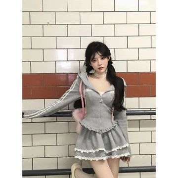 Sweet Lace Patchwork Hoodie & Skirt Set | Autumn 2-Piece