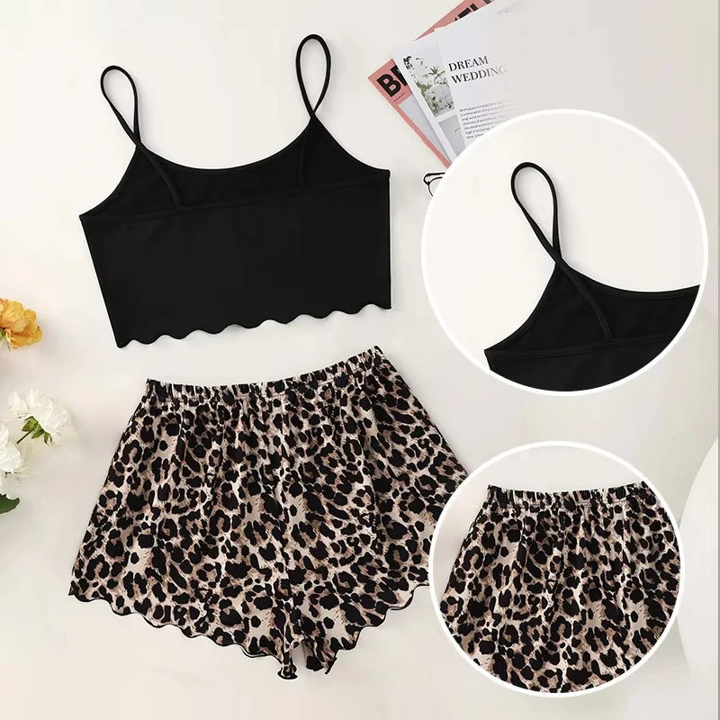 Women's Pajamas Set Sexy Lingerie Leopard Print Sling Sleepwear V-Neck Sleeveless Top and Shorts Sets Pyjamas Homewear