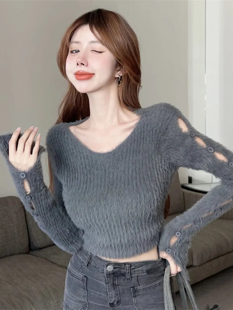 Sexy ort Knitted Sweater Women's Spring Autumn Soft Cozy Design Hole Knitwear Pure Desire Versatile Base Layer ort Top