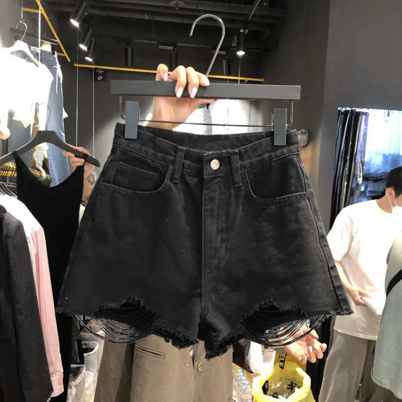 High Waisted Ripped Denim Shorts Button Fly Raw Edge Summer