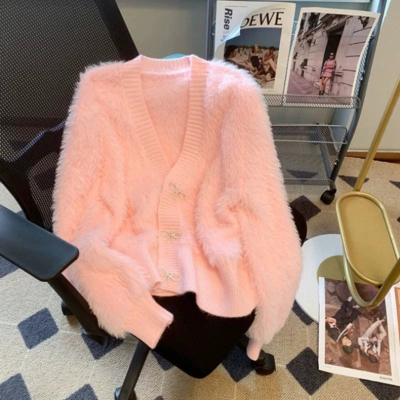 2026 Spring Autumn Women's Sweater Cardigan Jacket New Loose V-neck Imitation Mink Fur Sweater Jacket Female Knitted Tops Coat