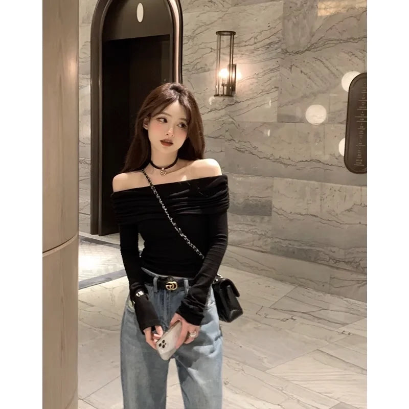 Black Shoulder-Bared Long Sleeve Knitted Sweater Women's Autumn New Style Slim Fit Inner Wear Base Top Korean Style Commute F...