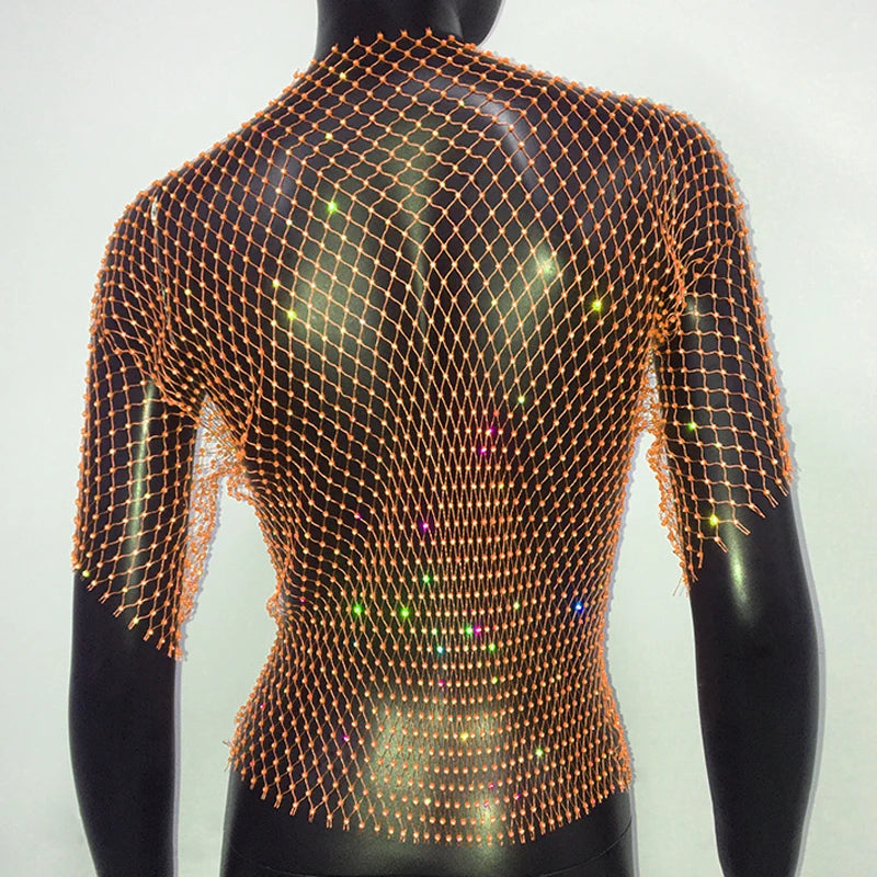 Sexy New Mesh Rhinestone Long Sleeve T Shirt Women Hollow See-through Fishnet Tops Summer Casual Shirt Party Club Women Clothing