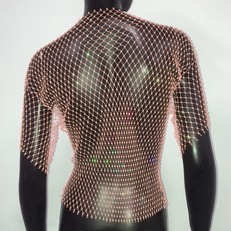 Sexy New Mesh Rhinestone Long Sleeve T Shirt Women Hollow See-through Fishnet Tops Summer Casual Shirt Party Club Women Clothing
