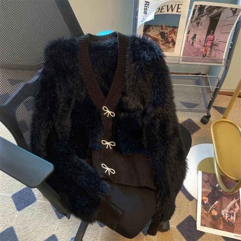 2026 Spring Autumn Women's Sweater Cardigan Jacket New Loose V-neck Imitation Mink Fur Sweater Jacket Female Knitted Tops Coat