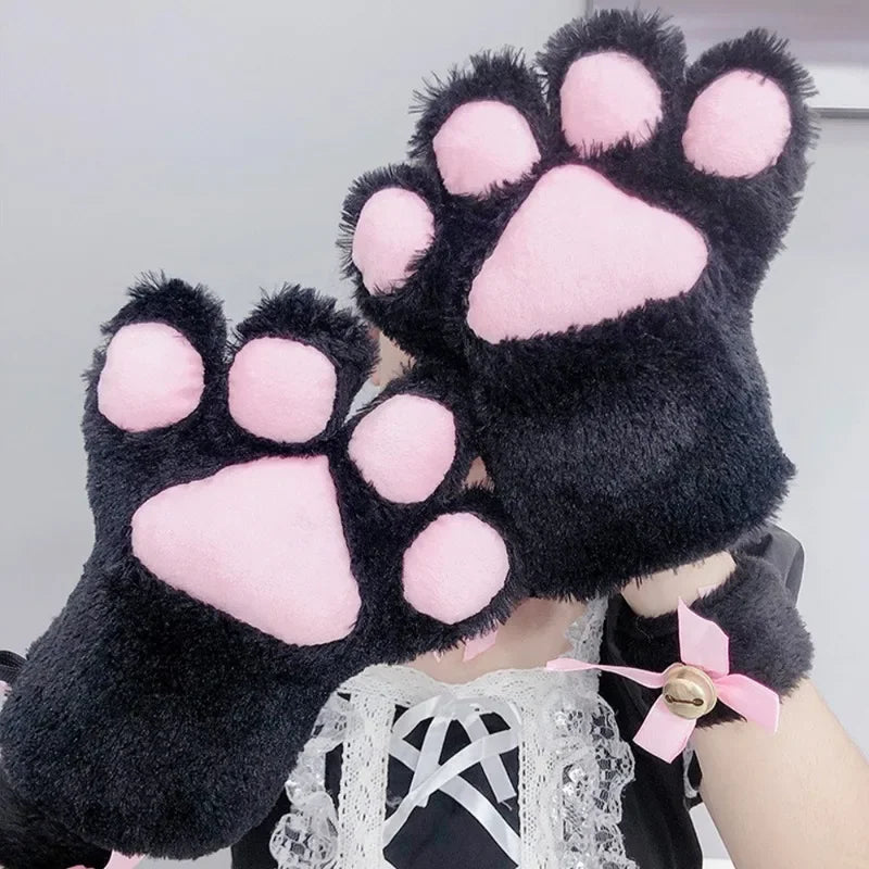 Cute Plush Cat Claw Gloves Large Size Women Halloween Christmas Party Cosplay Girls Winter Plush Fluffy Warm Full Finger Mitten