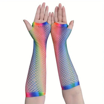 Rainbow Fishnet Fingerless Gloves - Hollow Out Mesh Disco Party Costume