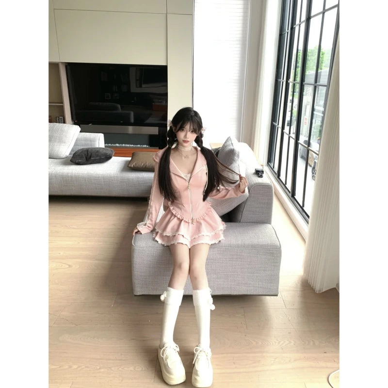 Sweet Lace Patchwork Hoodie And  Skirt Slimming Women's Two-Piece Set Fashionable Casual Wear for Autumn Season