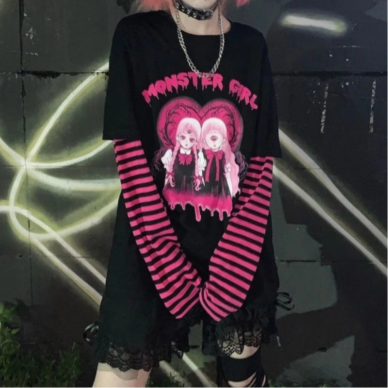Japanese anime black women's T-shirt early autumn new loose original night style long sleeve hot girl trend women's tops emo