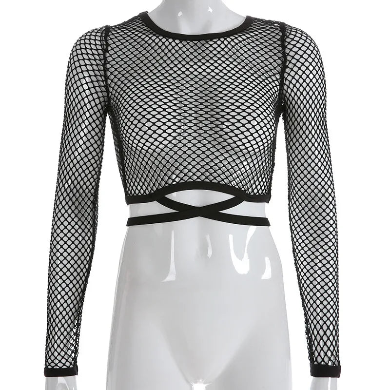Women's Top with Mesh Mesh, Hollowed Out Straps, Exposed Navel, Round Neck, Long Sleeved Transparent Summer Sexy T-shirt